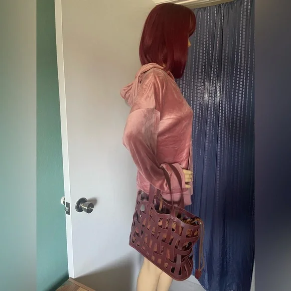 Tote w/ Flat Handles Soft Leather Woven Bag w/ Canvas Bag Inside Vintage 14x9x4” - Picture 16 of 16